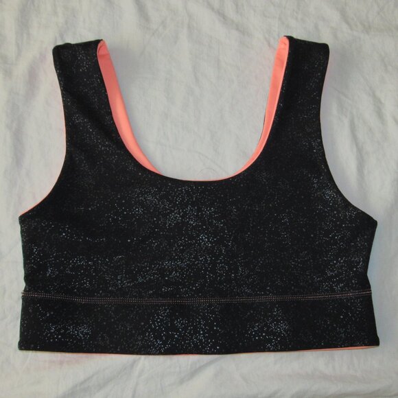 NWT Fabletics Harlow Midi Sports Bra sz XL Reversible Black Splatter Neon Peach - Picture 1 of 4